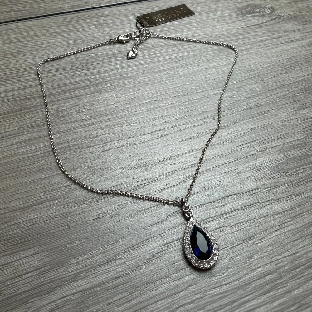 Carolee New York Simulated Blue Sapphire Crystal Halo Teardrop Necklace New